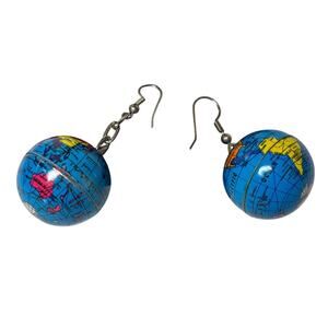 Asymmetrical Globe Earrings Blue Earth Dangle Quirky Travel Jewelry 2” and 1”